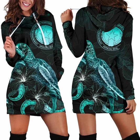 CNMI Polynesian Hoodie Dress - Turtle With Blooming Hibiscus Turquoise