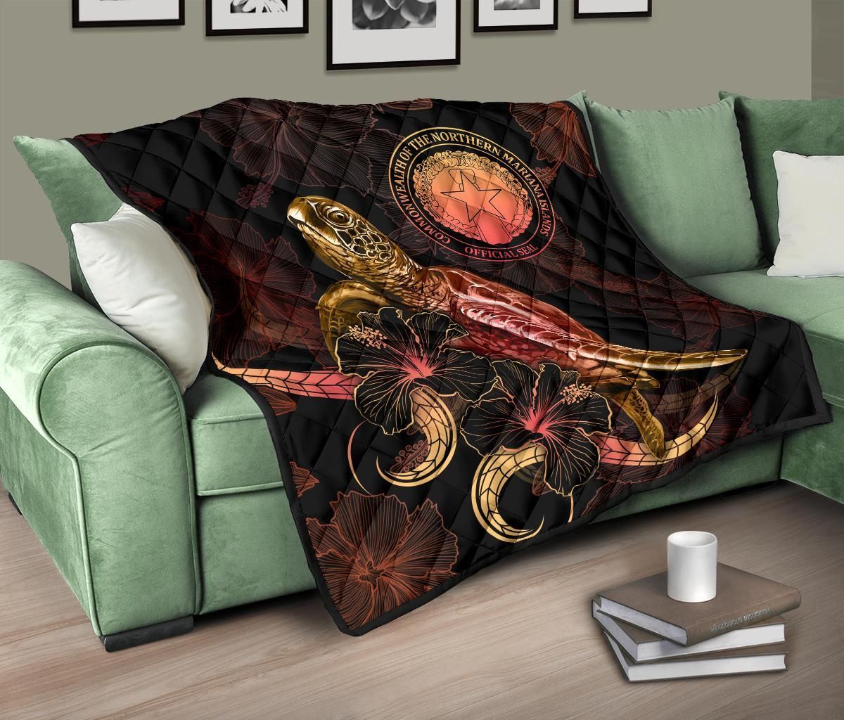 CNMI Polynesian Premium Quilt - Turtle With Blooming Hibiscus Gold