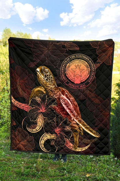 CNMI Polynesian Premium Quilt - Turtle With Blooming Hibiscus Gold