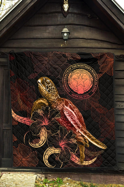 CNMI Polynesian Premium Quilt - Turtle With Blooming Hibiscus Gold