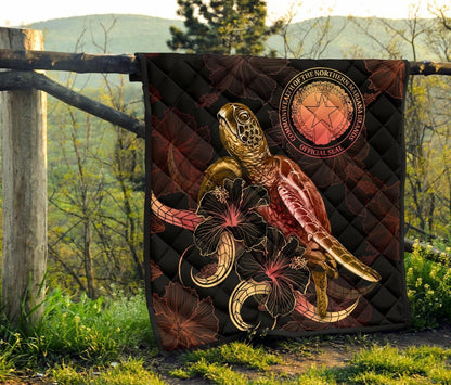 CNMI Polynesian Premium Quilt - Turtle With Blooming Hibiscus Gold