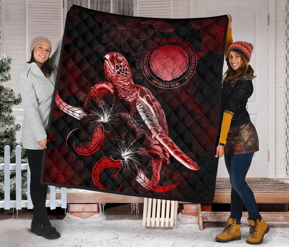 CNMI Polynesian Premium Quilt - Turtle With Blooming Hibiscus Red