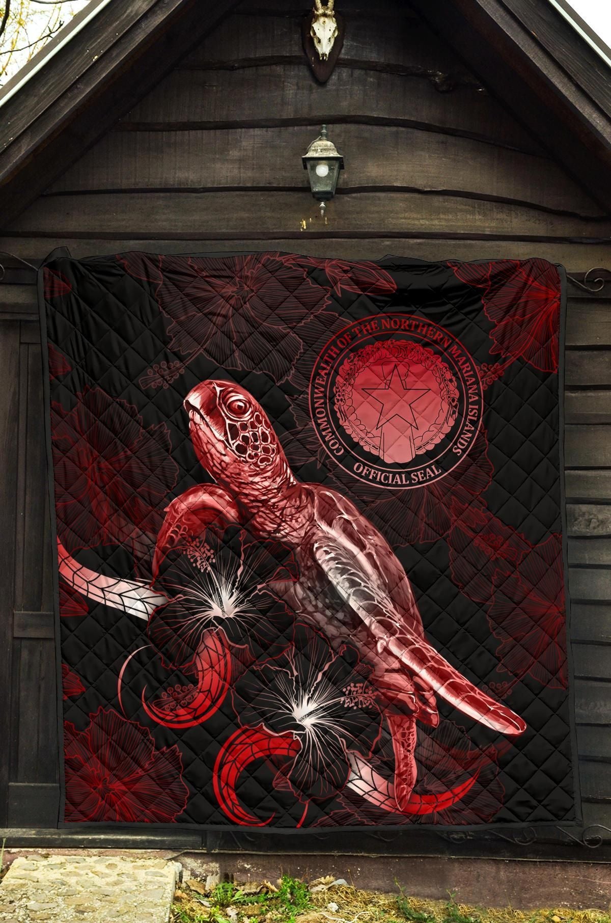 CNMI Polynesian Premium Quilt - Turtle With Blooming Hibiscus Red