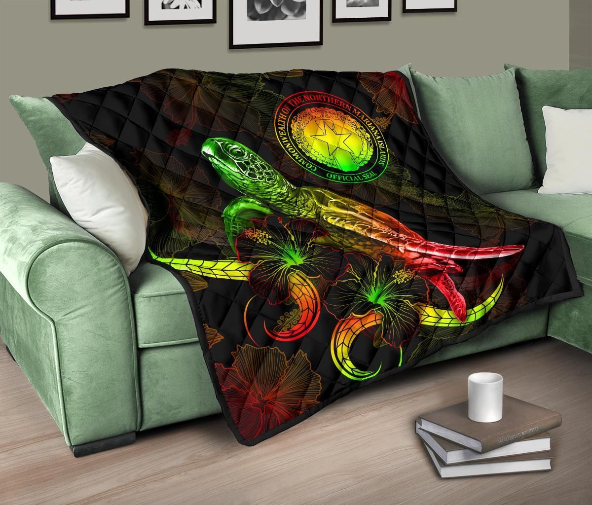 CNMI Polynesian Premium Quilt - Turtle With Blooming Hibiscus reggae