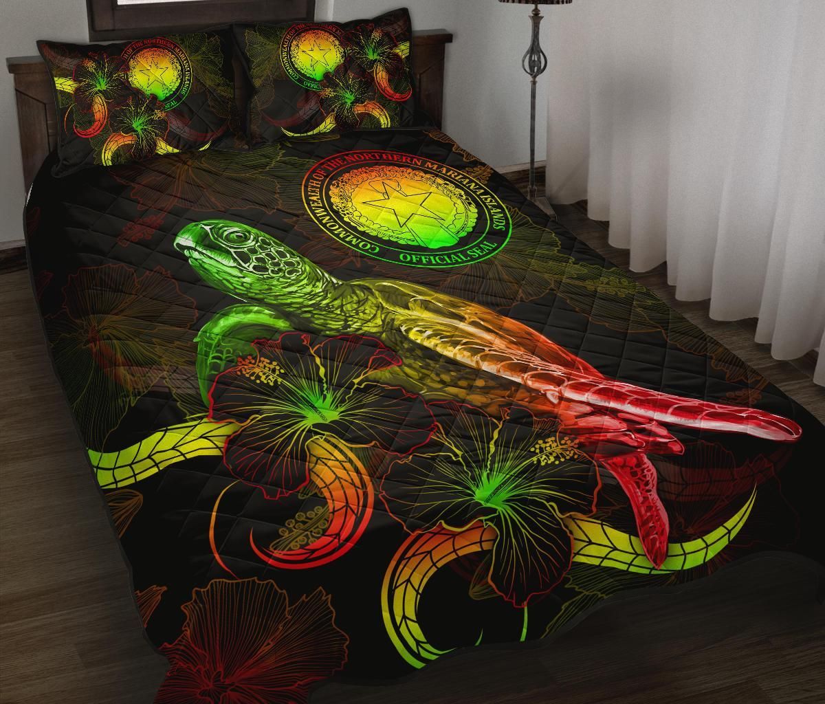 CNMI Polynesian Quilt Bed Set - Turtle With Blooming Hibiscus Reggae