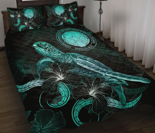 CNMI Polynesian Quilt Bed Set - Turtle With Blooming Hibiscus Turquoise