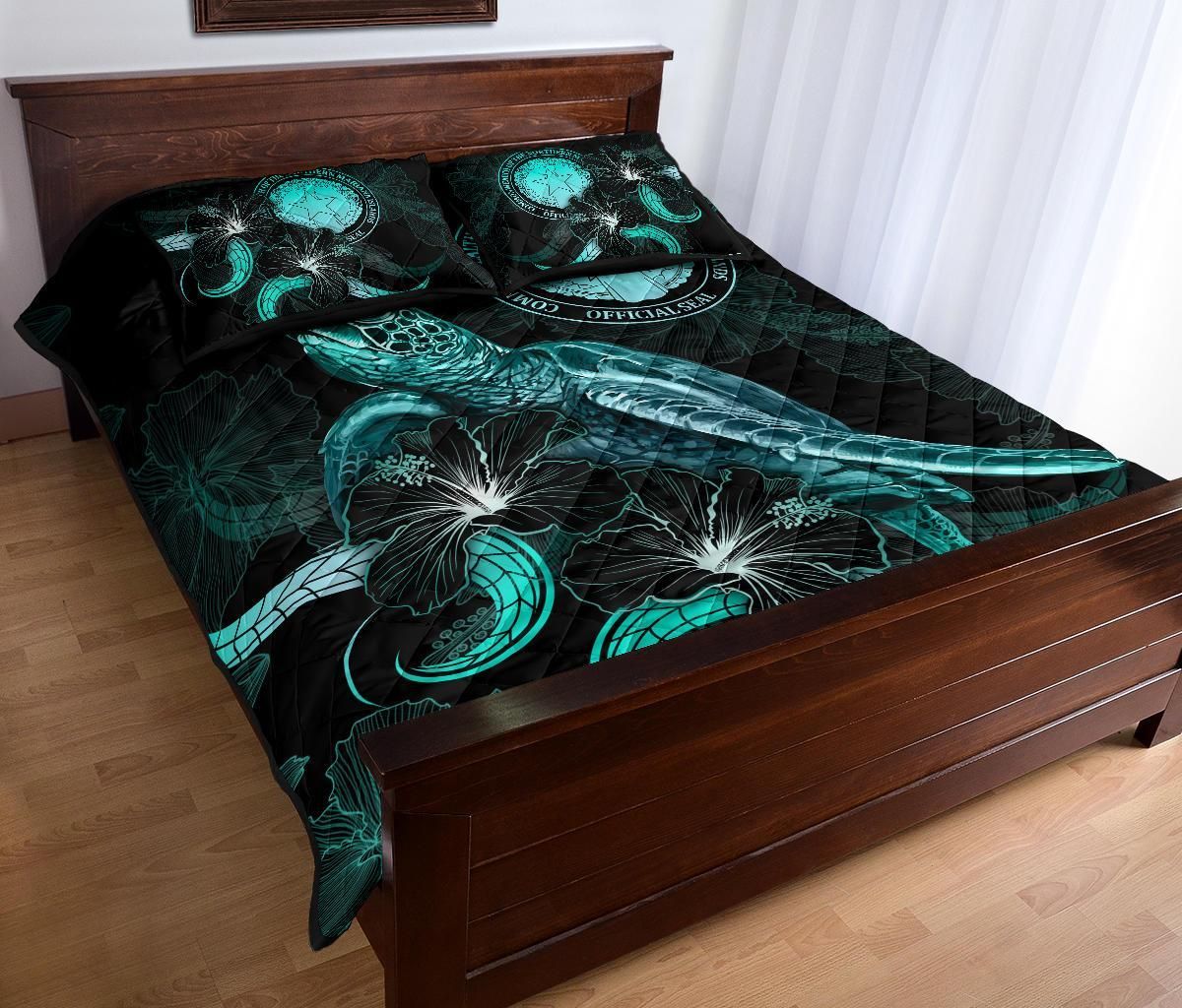 CNMI Polynesian Quilt Bed Set - Turtle With Blooming Hibiscus Turquoise