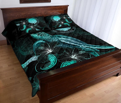 CNMI Polynesian Quilt Bed Set - Turtle With Blooming Hibiscus Turquoise
