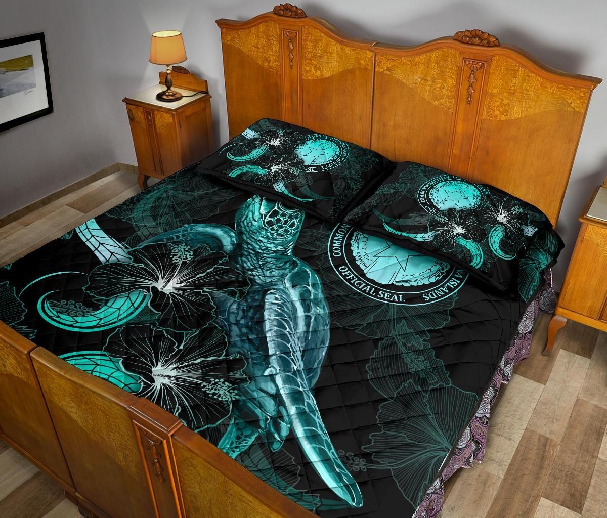 CNMI Polynesian Quilt Bed Set - Turtle With Blooming Hibiscus Turquoise