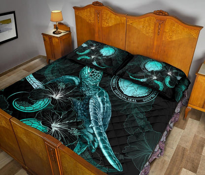 CNMI Polynesian Quilt Bed Set - Turtle With Blooming Hibiscus Turquoise