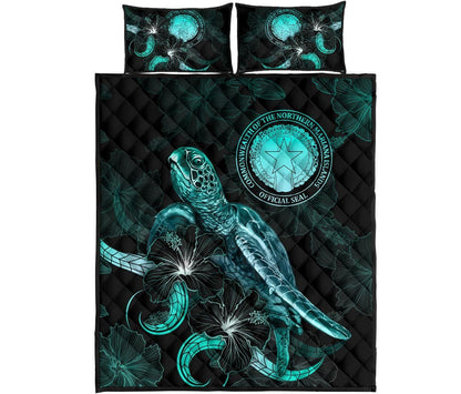 CNMI Polynesian Quilt Bed Set - Turtle With Blooming Hibiscus Turquoise