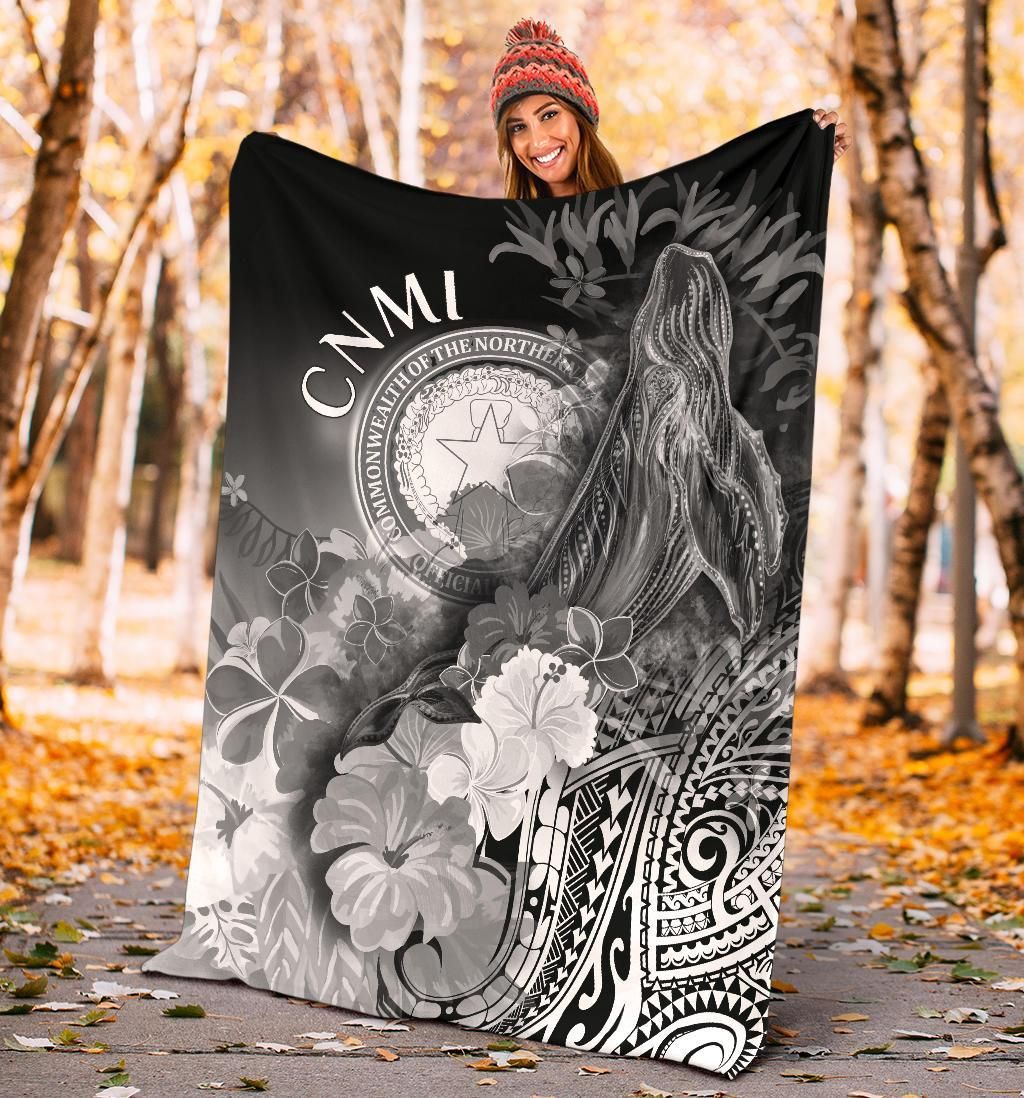 CNMI Premium Blanket - Humpback Whale with Tropical Flowers (White)