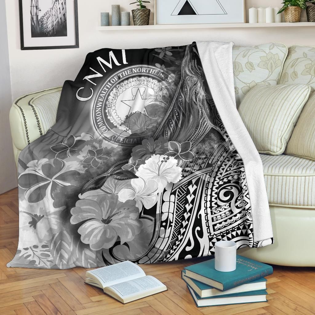 CNMI Premium Blanket - Humpback Whale with Tropical Flowers (White)