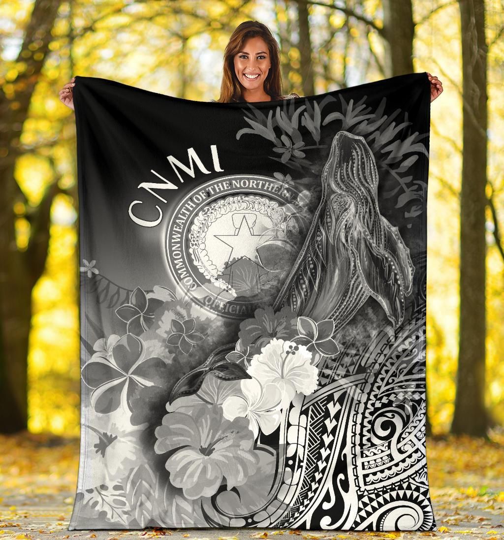 CNMI Premium Blanket - Humpback Whale with Tropical Flowers (White)