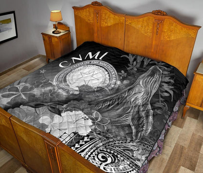 CNMI Premium Quilt - Humpback Whale with Tropical Flowers (White)