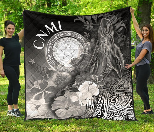 CNMI Premium Quilt - Humpback Whale with Tropical Flowers (White)