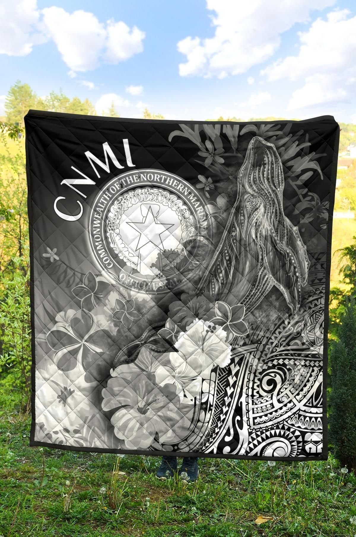CNMI Premium Quilt - Humpback Whale with Tropical Flowers (White)