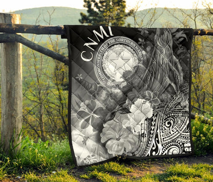 CNMI Premium Quilt - Humpback Whale with Tropical Flowers (White)