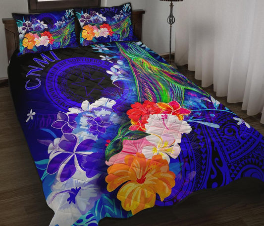 CNMI Quilt Bed Set - Humpback Whale with Tropical Flowers (Blue)