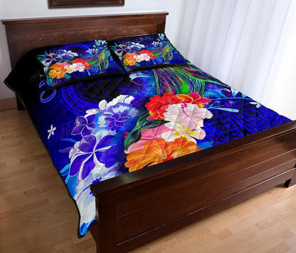 CNMI Quilt Bed Set - Humpback Whale with Tropical Flowers (Blue)