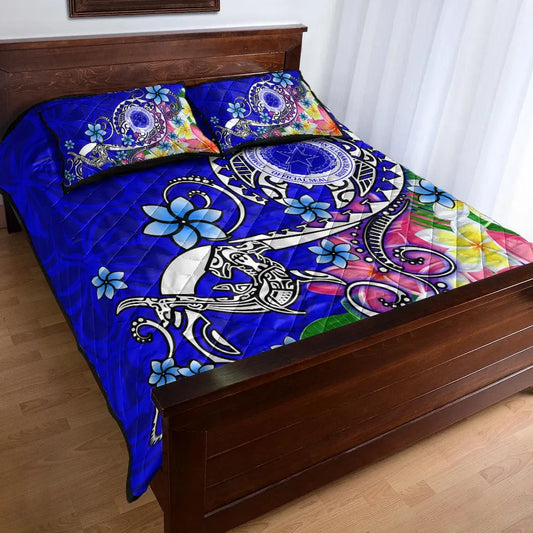 CNMI Quilt Bed Set - Turtle Plumeria (Blue)