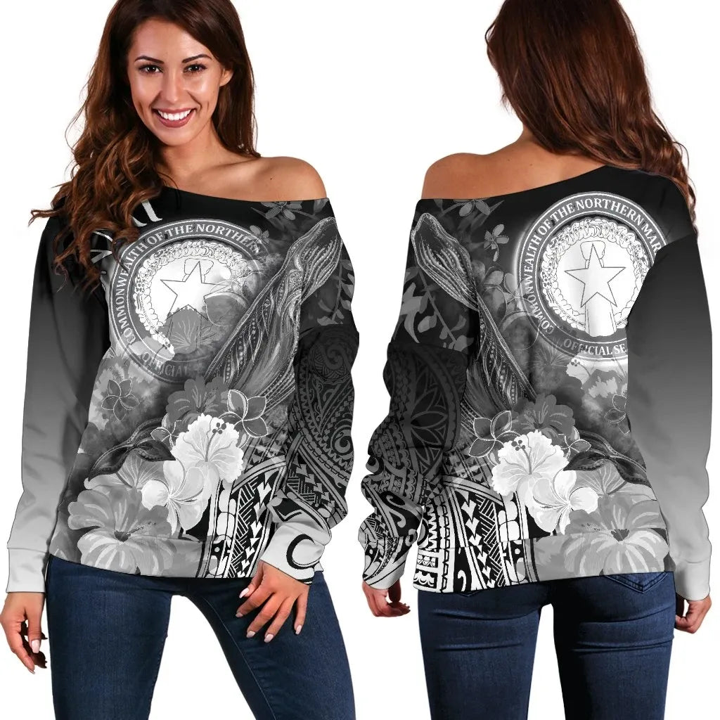 CNMI Women Off Shoulder Sweater - Humpback Whale with Tropical Flowers (White)