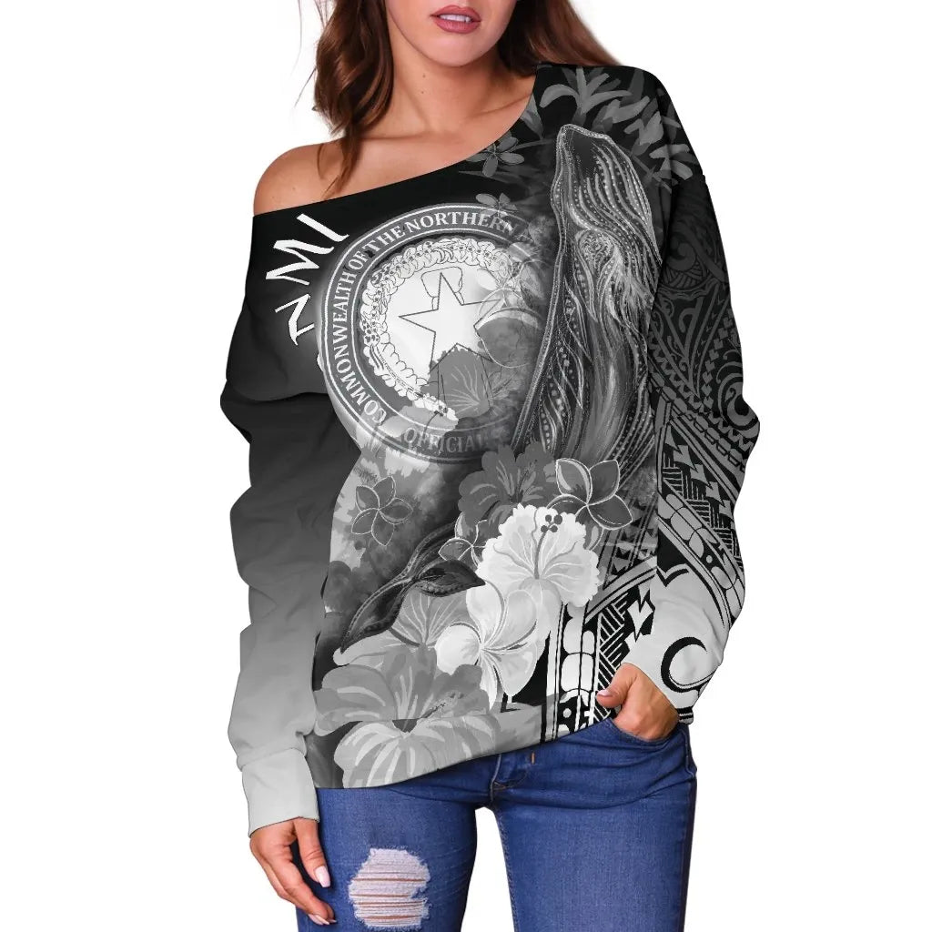 CNMI Women Off Shoulder Sweater - Humpback Whale with Tropical Flowers (White)