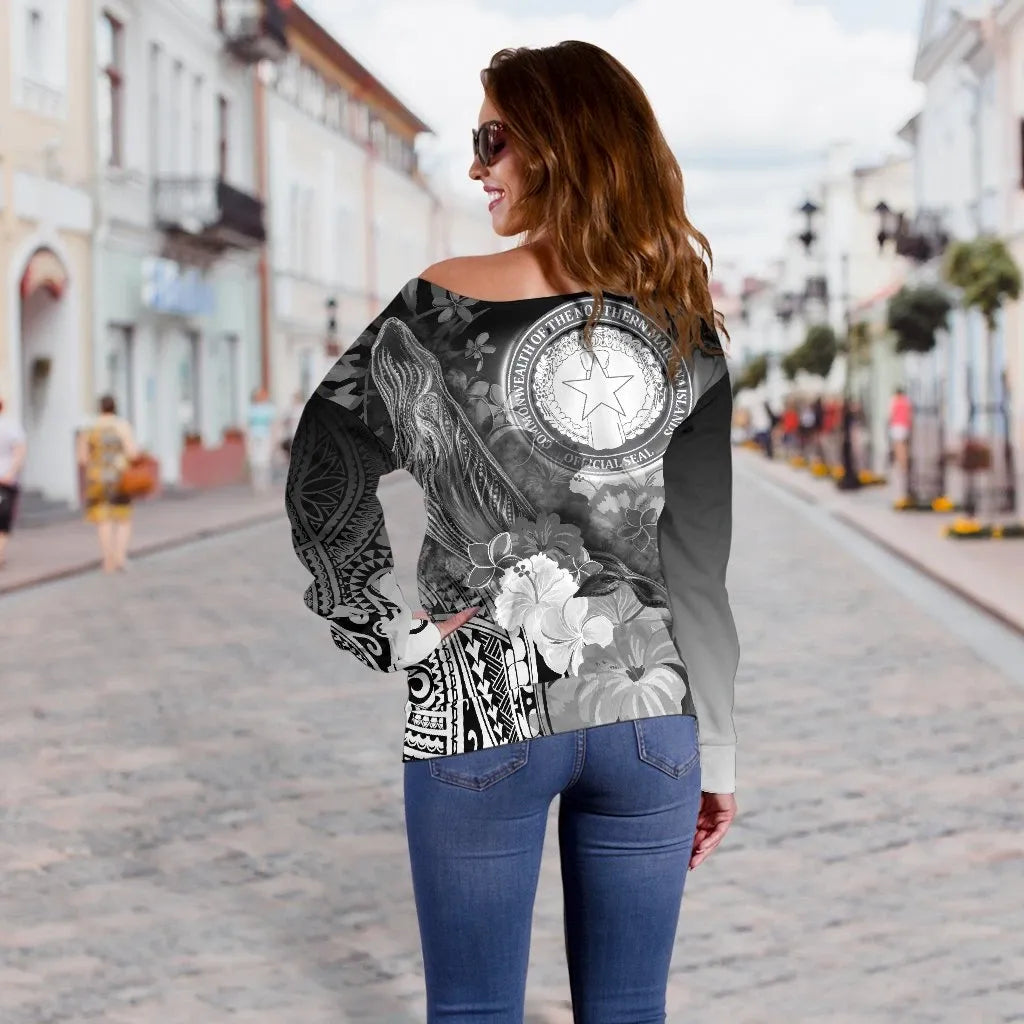 CNMI Women Off Shoulder Sweater - Humpback Whale with Tropical Flowers (White)