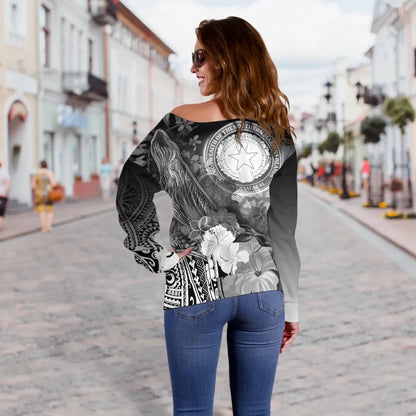 CNMI Women Off Shoulder Sweater - Humpback Whale with Tropical Flowers (White)