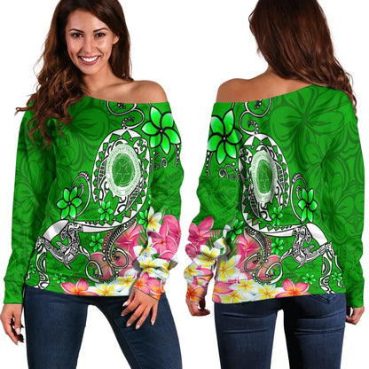 CNMI Women Off Shoulder Sweater - Turtle Plumeria (Green)
