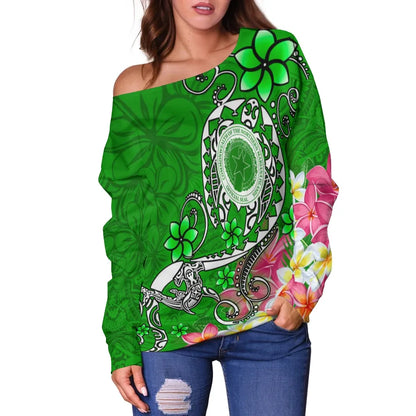 CNMI Women Off Shoulder Sweater - Turtle Plumeria (Green)
