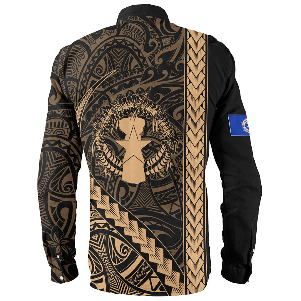 Northern Mariana Islands Long Sleeve Shirt Coat Of Arms Polynesian Tribal Gold