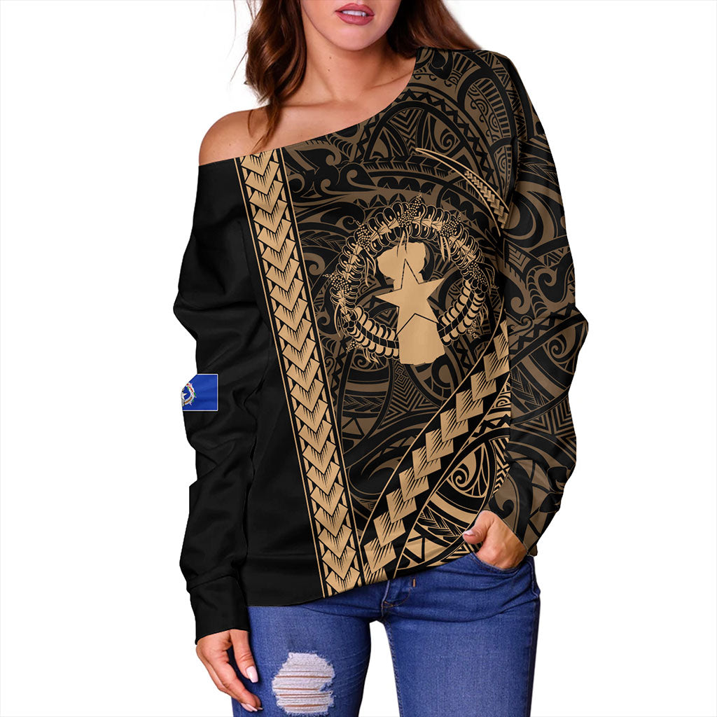 Northern Mariana Islands Off Shoulder Sweatshirt Coat Of Arms Polynesian Tribal Gold