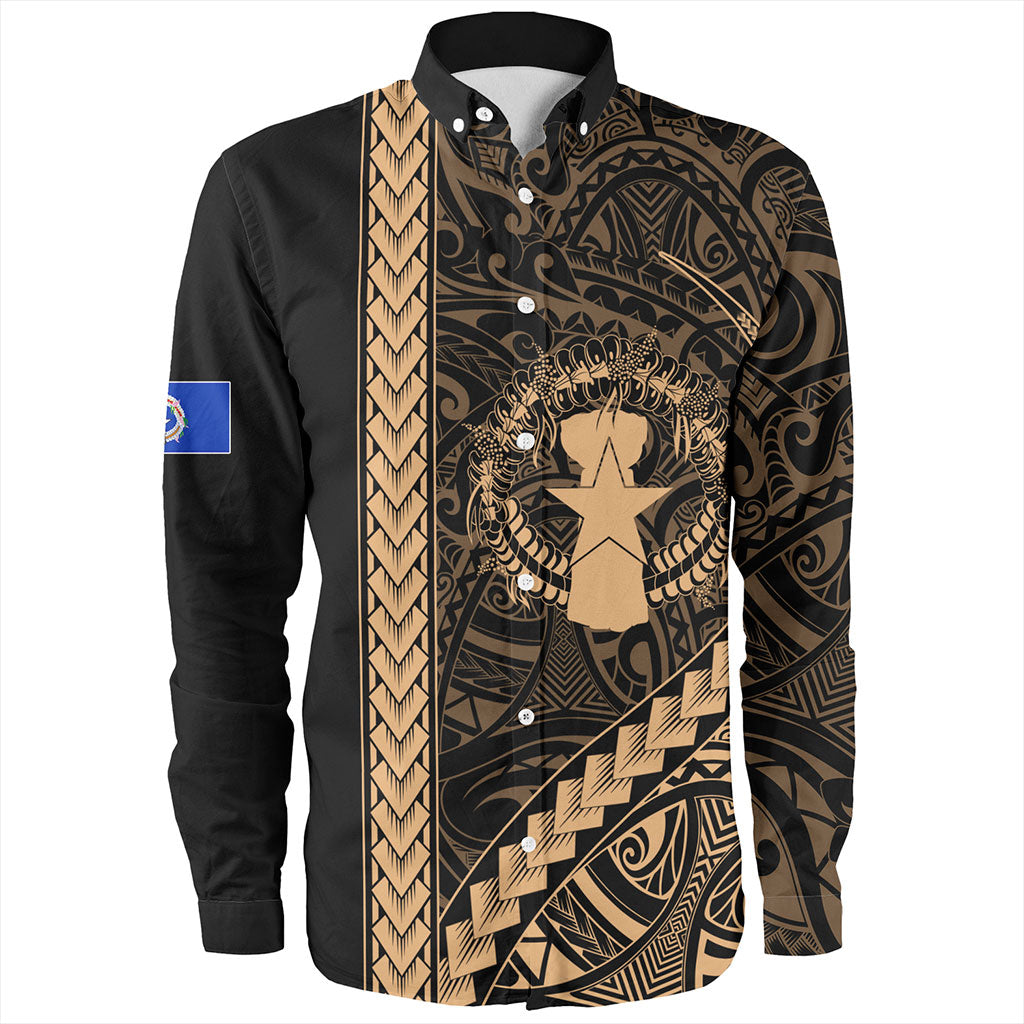 Northern Mariana Islands Long Sleeve Shirt Coat Of Arms Polynesian Tribal Gold