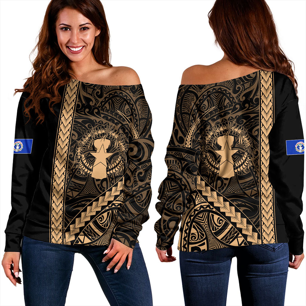 Northern Mariana Islands Off Shoulder Sweatshirt Coat Of Arms Polynesian Tribal Gold