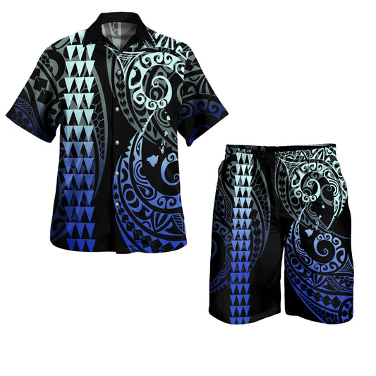Hawaii Combo Shirts And Shorts Hawaiian Map Kakau Style Gradient Blue