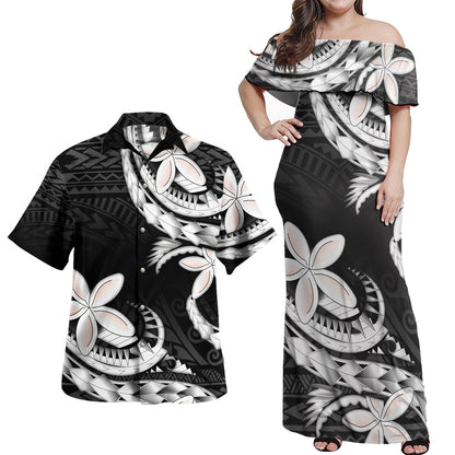 Polynesian Patterns Plumeria Flowers Special Style Combo Off Shoulder Long Dress And Shirt