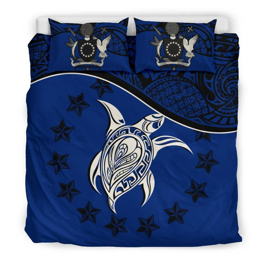 Cook Islands Duvet Cover Set - Cook Islands Flag & Turtle Tattoo Dark Blue