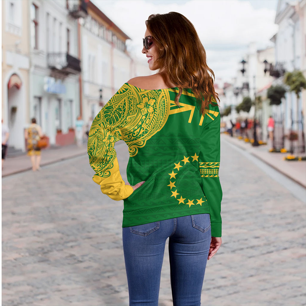 Cook Islands Off Shoulder Sweatshirt Tribal Flag With Coat Of Arms