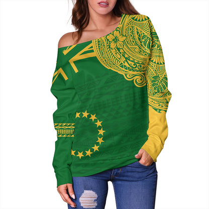 Cook Islands Off Shoulder Sweatshirt Tribal Flag With Coat Of Arms