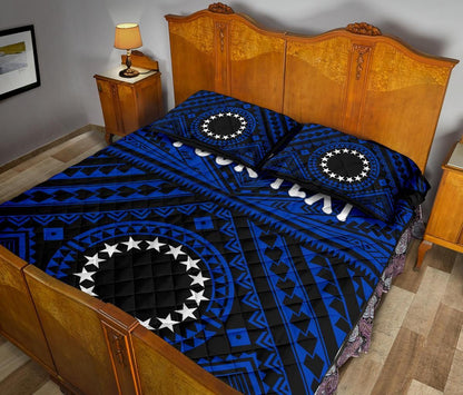 Cook Islands Personalised Quilt Bed Set - Seal With Polynesian Tattoo Style ( Blue)