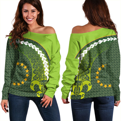 Cook Islands Off Shoulder Sweatshirt Turtle Tattoo Tribal