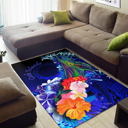 Cook Islandss Area Rug - Humpback Whale with Tropical Flowers (Blue)