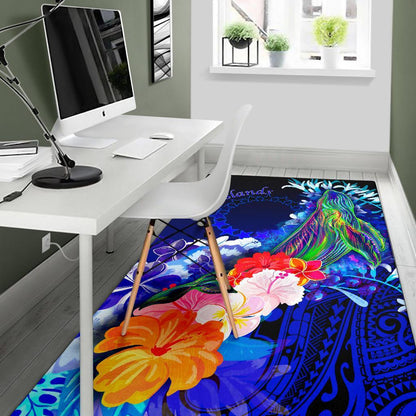 Cook Islandss Area Rug - Humpback Whale with Tropical Flowers (Blue)