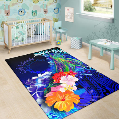 Cook Islandss Area Rug - Humpback Whale with Tropical Flowers (Blue)