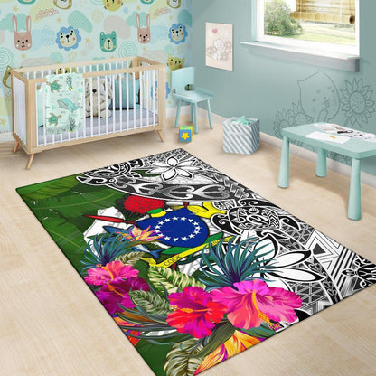 Cook Islandss Area Rug White - Turtle Plumeria Banana Leaf