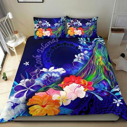 Cook Islands Bedding Set - Humpback Whale With Tropical Flowers (Blue)