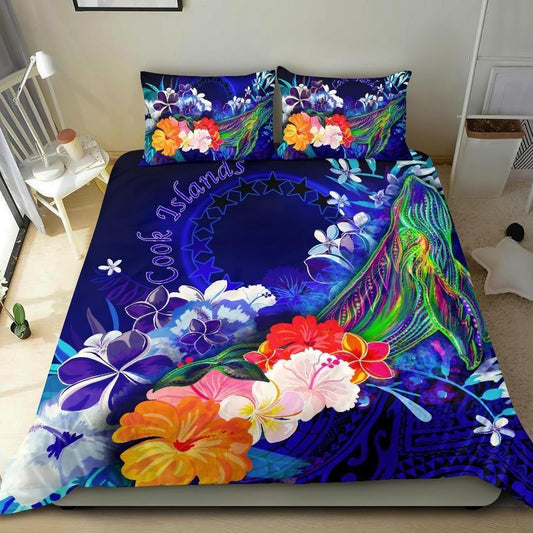 Cook Islands Bedding Set - Humpback Whale With Tropical Flowers (Blue)