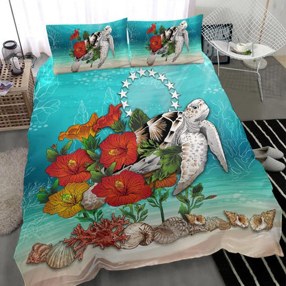 Polynesian Duvet Cover Set - Cook Islands Bedding Set Ocean Turtle Hibiscus