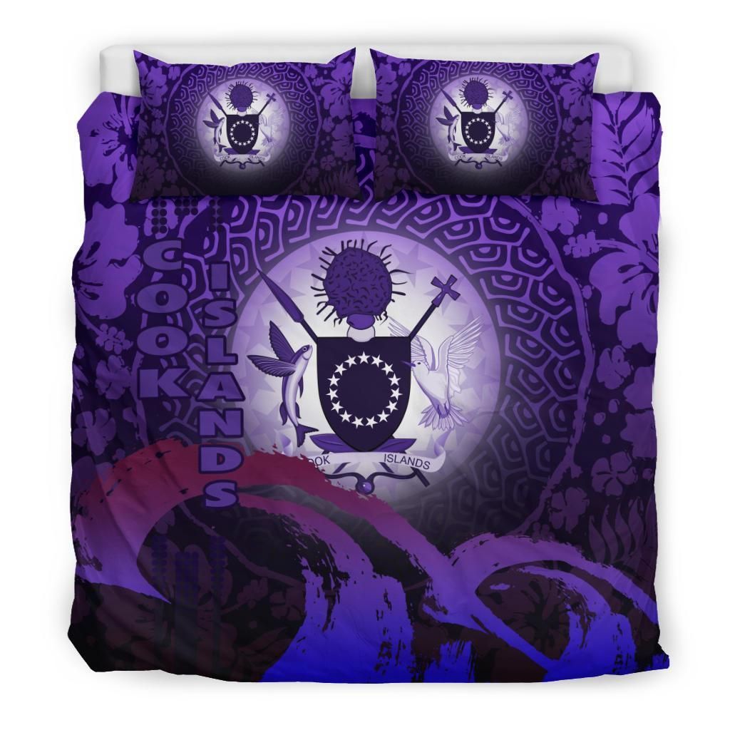 Cook Islands Duvet Cover Set - Cook Islands Coat Of Arms Wave And Hibiscus Purple
